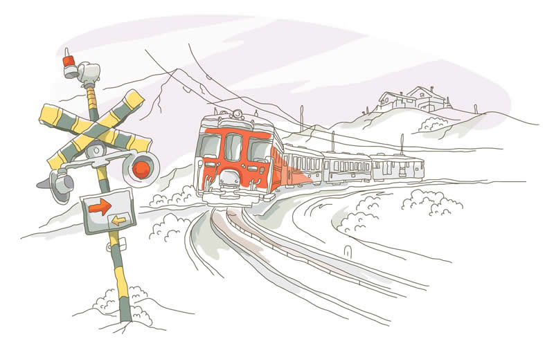 铁轨与火车简笔画淡彩素材、简笔画淡彩风景组图、儿童简笔画淡彩风景、矢量淡彩风景图片素材（大小800*500）