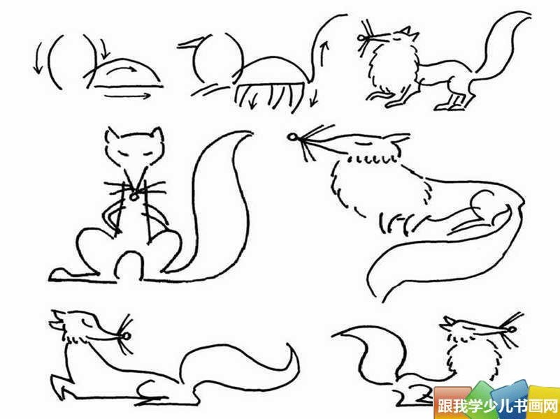 简笔画/简介：简笔画动物狐狸各种运动与人物动态图片大小为801*600