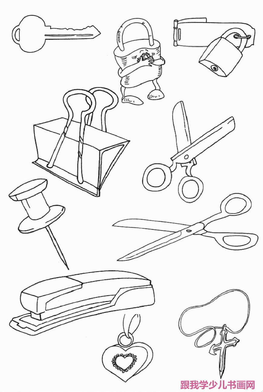 简笔画素材生活物件钉书器、剪刀、锁头、项链